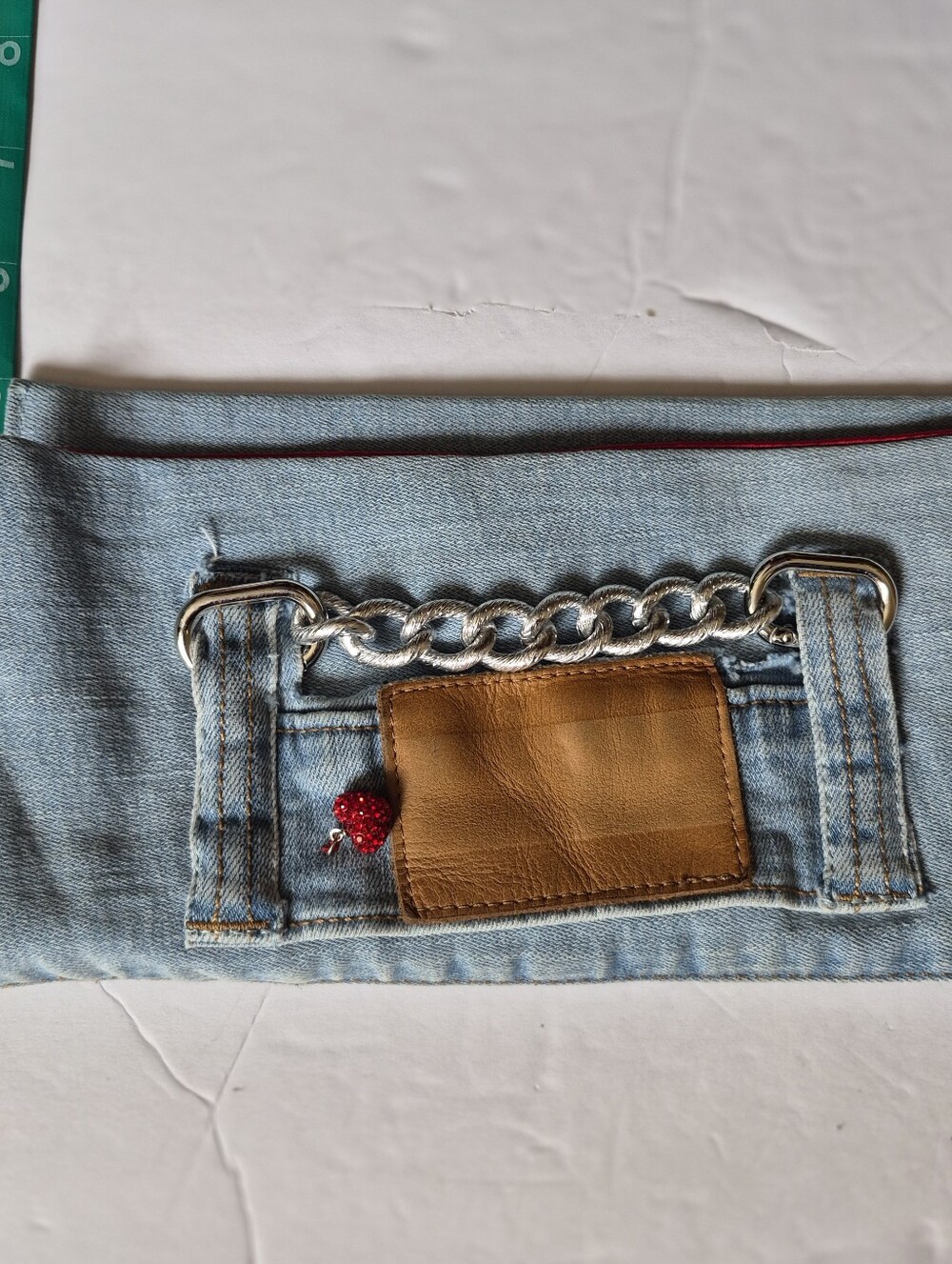 Upcycled Patchwork Asymmetrical Skirt, DenimTop & Cutch in Red and Animal Prints - Picture 15 of 16
